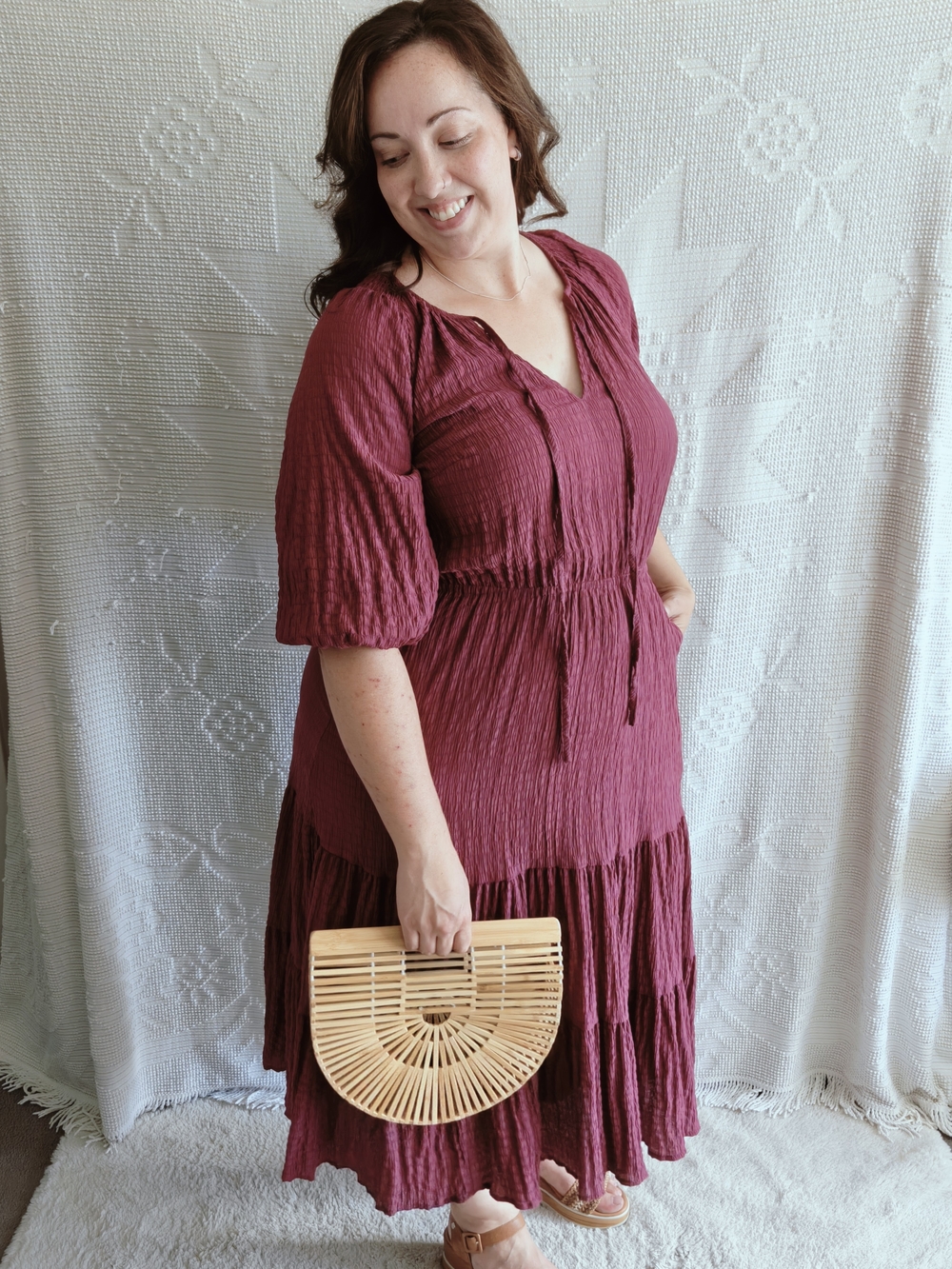 City Chic Plum Peasant Tiered Midi Dress | Balloon Sleeve | US 14 | Cottagecore